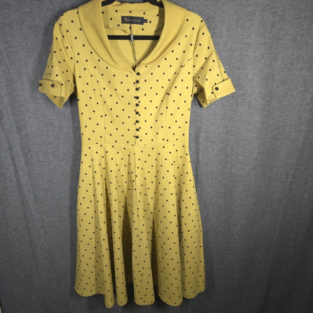 Gown Town Yellow Polka Dot Fit & Flare Dress Womens L Retro Rockabilly Pin Up